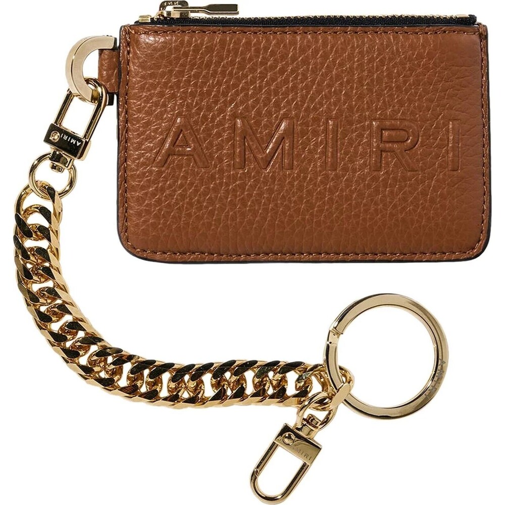 AMIRI Pebbled Leather Logo Embossed Zip Wallet w/ Chain (Brown)